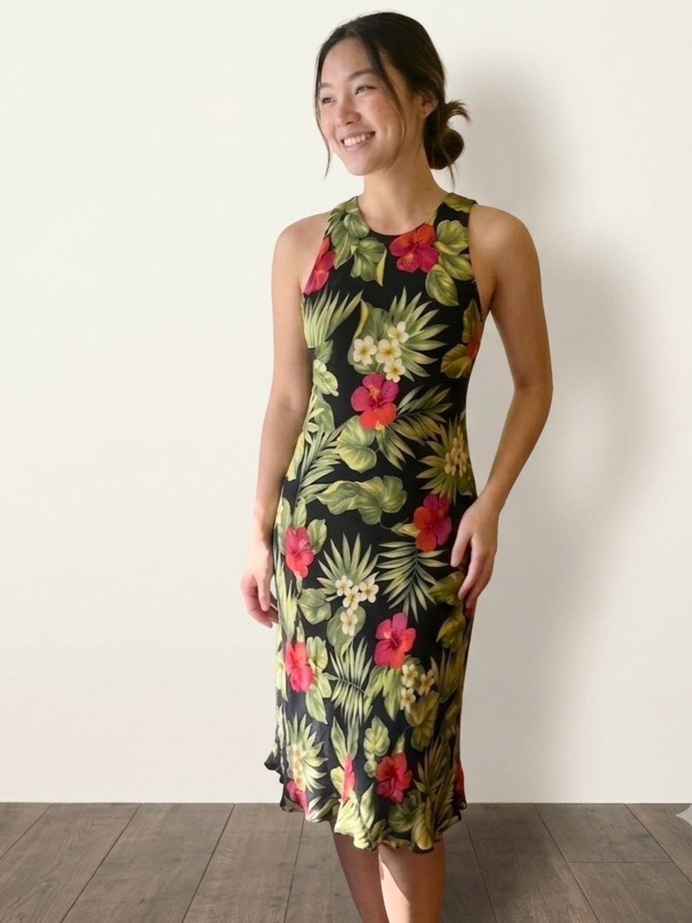 Lauren Ralph Lauren silk Black Tropical Floral midi Dress size 4P